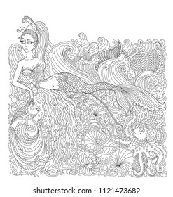 Vector nautical batik paint contour thin line. Mermaid, island, pearl, fish, sea shell, octopus. Black and white doodle. Hand drawn sketch artwork. Adults Coloring book vertical page, Batik