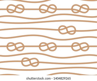 Vector nautical brown seamless pattern with ropes and marine knots
