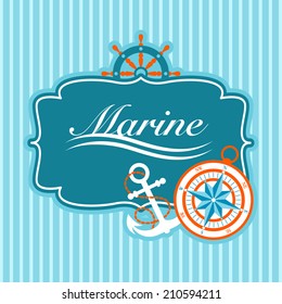 Vector nautical card with anchor, rudder and compass on blue striped background