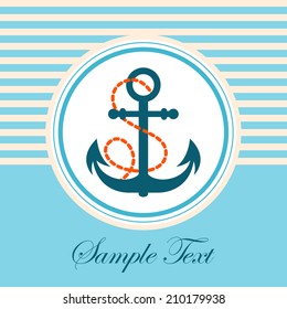 Vector nautical card with anchor symbol on blue striped background