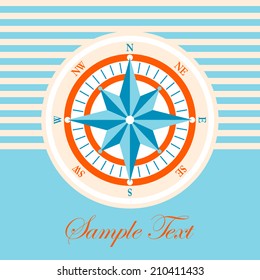 Vector nautical card with compass symbol on blue striped background