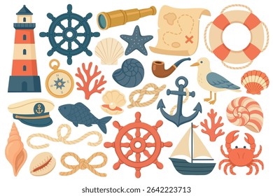 Vector nautical clipart collection with sea creatures, steering wheels, ropes, shells and sailing items.