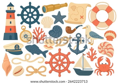 Vector nautical clipart collection with sea creatures, steering wheels, ropes, shells and sailing items.