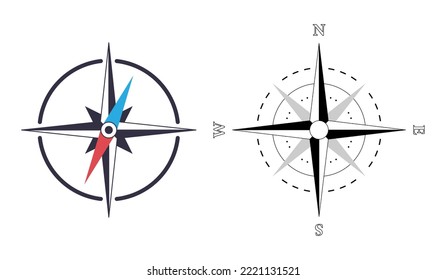 Vector nautical compass silhouette. Navigation map sign. Wind rose icon. Horizon sides: north south west east