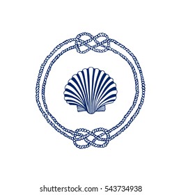 Vector nautical emblem with hand drawn rope frame and scallop shell. Beautiful marine design elements.