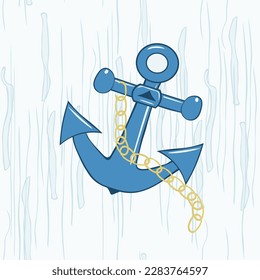 Vector nautical flat colorful illustration isolated on white. Cute cartoon anchor with golden chain. Icon for graphic design projects.Template for stories, banners. illustration for kids, books, cover