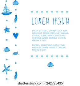 Vector nautical flyer layout with hand drawn watercolor doodles of ship, sea star, shells and fish. Background for invitations, greeting cards, announcements.