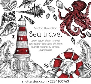 Vector nautical frame in engraving style. Lighthouse surrounded by waves, lifebuoy, shells, octopus