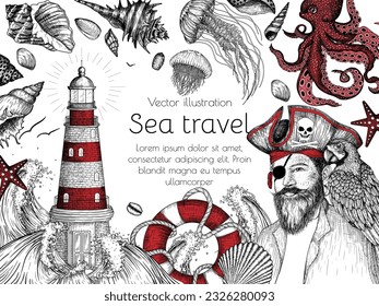 Vector nautical frame in engraving style. Lighthouse surrounded by waves, lifebuoy, shells, octopus, pirate with a parrot