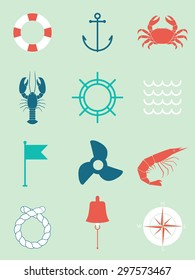 Vector nautical icon set. Flat style, cool vintage colors.