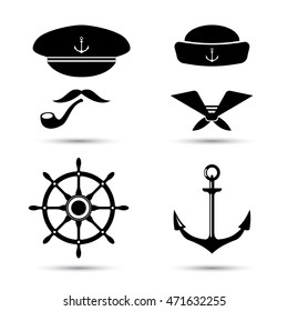 Vector nautical icons, captain and sailor, sea set. Ship, anchors and steering wheel