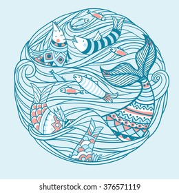 vector nautical illustration of abstract waves and fishes