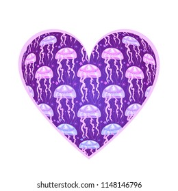 Vector nautical illustration with convex jellyfishes of different purple tones in frame of heart isolated on the white background.