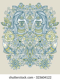 vector nautical illustration of hand drawn mermaids, fishes and abstract floral elements