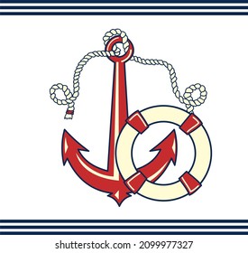 vector and nautical line drawing of rope, anchor and buoy in navy red and beige colors with stripes and white background