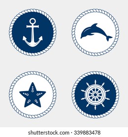 Vector of Nautical and marine icons, design element. Vector nautical elements. Sea leisure sport. Symbol of sailors, sail, cruise and sea. Set of marine icons. Rope swirls, logos and badges.