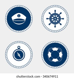 Vector of Nautical and marine icons, design element. Vector nautical elements. Sea leisure sport. Symbol of sailors, sail, cruise and sea. Set of marine icons. Rope swirls, logos and badges.