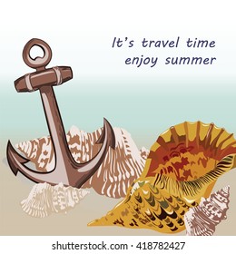 Vector Nautical Marine theme card. Vintage Holiday Sea shell and anchor on beach background. Sailing motif elements for Greeting card or travel cards
