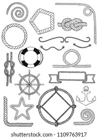 Vector nautical pack icon set. Steering wheel, anchor and lifebuoy, rope swirls, frames and ribbons isolated on white background.