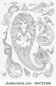 Vector nautical paisley illustration with silver grey mermaid, pearl, fish, anchor, sea shell, pirate with parrot on the hat, on a white background . Black line artwork. Coloring book page