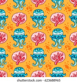 Vector nautical pattern. Seamless texture with hand drawn doodle sea objects: coral branch, decorative jellyfish, seashells, and  silhouette crab. Vector nautical background, Sea vacation collection