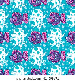 Vector nautical pattern. Seamless texture with hand drawn sea objects: decorative silhouette jellyfish, tropical reef fish, ocean bubbles and water waves. Vector nautical background, marine collection
