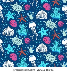 Vector nautical pattern with shells, turtles, starfishes, corals, seamless vector background