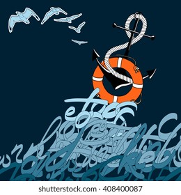 Vector nautical poster with lifesaver, abstract letters, birds and anchor isolated on blue background