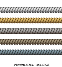 Vector Nautical rope thin and thick. Climbing twisted rope for lasso or marine knots. Navy rope of different color for border or frame.