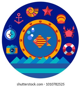 vector nautical round sticker with porthole and flat vector icons for sea travel. Underwater life