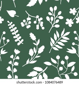 Vector nautical seamless background pattern with hand drawn beautiful leaves, plants, flowers