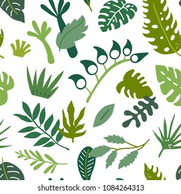 Vector nautical seamless background pattern with hand drawn beautiful leaves, plants, flowers