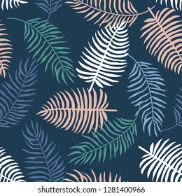Vector nautical seamless background pattern with hand drawn beautiful palm leaves, plants for fabric, textile, wrapping paper, notebooks covers