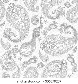 Vector nautical seamless paisley pattern from silver grey mermaid, pearl, fish, anchor, sea shell, morey and pirate with parrot on the hat on a white background . Coloring book illustration