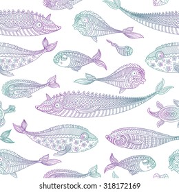 Vector nautical seamless paisley pattern from delicate green purple fish silhouette, small morey,stylized turtle with decorative zentangle ornaments on a white background . Coloring book illustration.