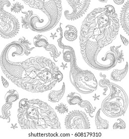 Vector nautical seamless paisley pattern from silver grey mermaid, pearl, fish, anchor, sea shell, morey and pirate with parrot on the hat on a white background. Adults Coloring book page, wallpaper