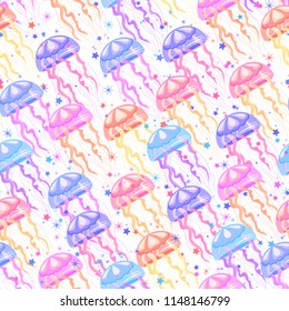 Vector nautical seamless pattern with chaotic bright multicolor jellyfish with stars isolated on the white background.