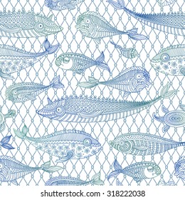Vector nautical seamless pattern from lacy turquoise green and indigo blue fish silhouette, stylized turtle with  zen tangle ornaments and fishnet on a white background . Coloring book illustration. 
