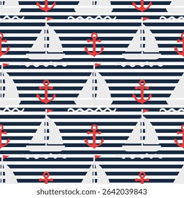 Vector nautical seamless pattern with sailboats, red anchors, and ocean waves on navy and white stripe background. Perfect for kids fabric, summer decor, and marine-themed design. cruise holidays.