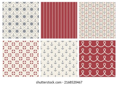 Vector Nautical Seamless Pattern Set. Sea, Marine Backgrounds. Seamless Texture, Hand Drawn Nautical Anchors, Marine Wheels, Ropes, Lifebuoys. Design Template for Textile, Wallpaper, Print