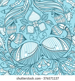 vector nautical seamless pattern with smiling whales and  fantasy sea plants