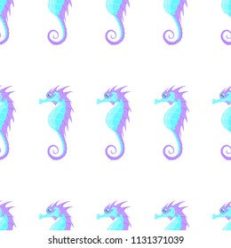 Vector nautical seamless pattern of a turquoise and violet sea horse isolated on the white background.