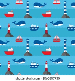 Vector nautical seamless pattern with whales, ships and lighthouses