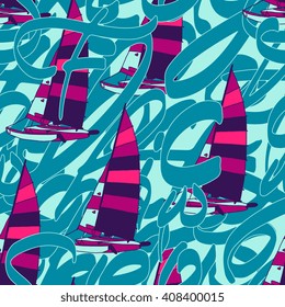 Vector nautical seamless pattern with yacht and abstract letters