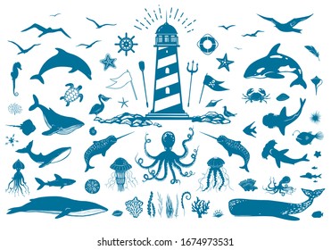 Vector nautical set with lighthouse and sea animals. Whales, dolphins, fish, seagulls, corals and water plants isolated on white. Big set of vector illustrations with marine creatures. Vector EPS 10