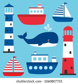 Vector nautical set with lighthouses, whale, ships and boats on blue background