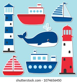 Vector nautical set with lighthouses, whale, ships and boats on blue background