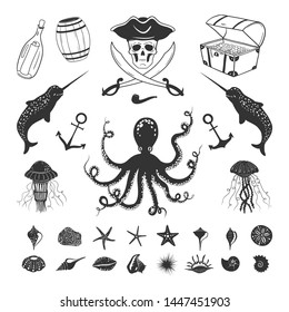 Vector nautical set: pirates, treasures, anchors and sea creatures. Set of sea creatures and shells isolated on white. 