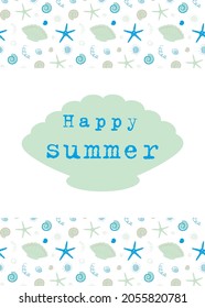 Vector nautical summer card, banner with starfish, shells and doodles. Happy summer. Flyer in pastel colors.