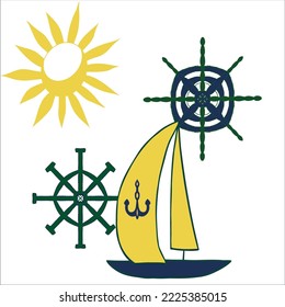 Vector nautical theme print with yellow blue and green motifs. Great for digital scrapbooking, art print and textile design print.